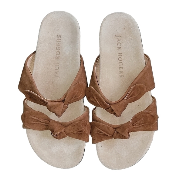 Jack Rogers size 7.5 slip on sandals double brown suede bow soft and comfy - Picture 1 of 4